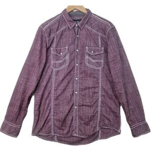 Buckle Black Pearl Snap Shirt Mens Large Standard Fit Maroon Chambray Western